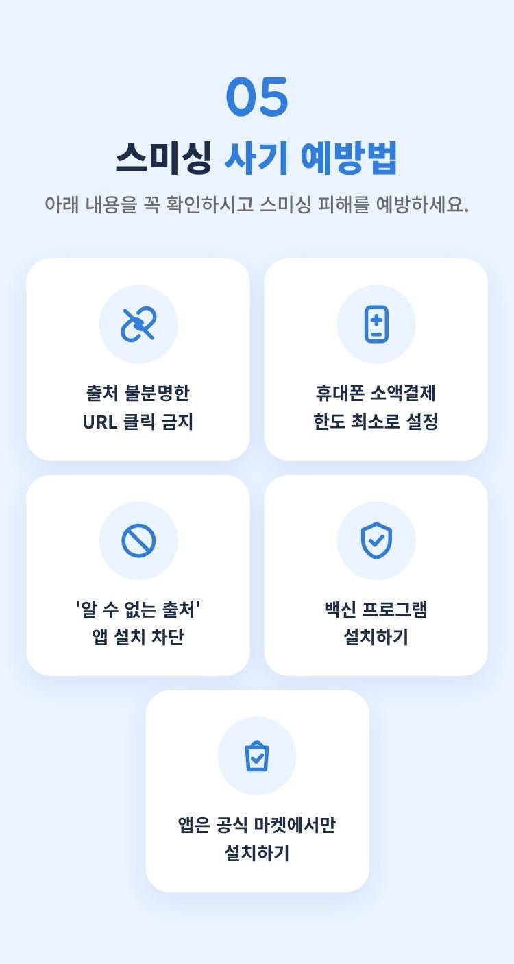 스미싱 사기 예방법 - 출처 불분명한 URL 클릭 금지, 소액결제 한도 최소 설정, 알 수 없는 출처 앱 설치 차단, 백신 설치, 공식 마켓 앱만 설치